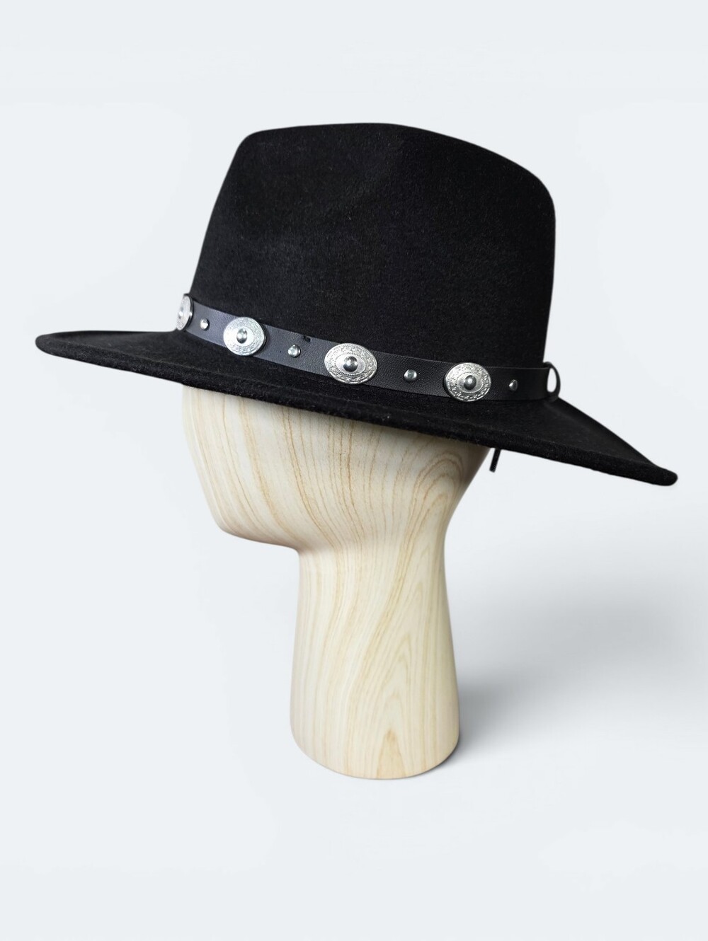 Black Felt Wide Brim Fedora Hat Western Concho Stud Band Boho Rancher